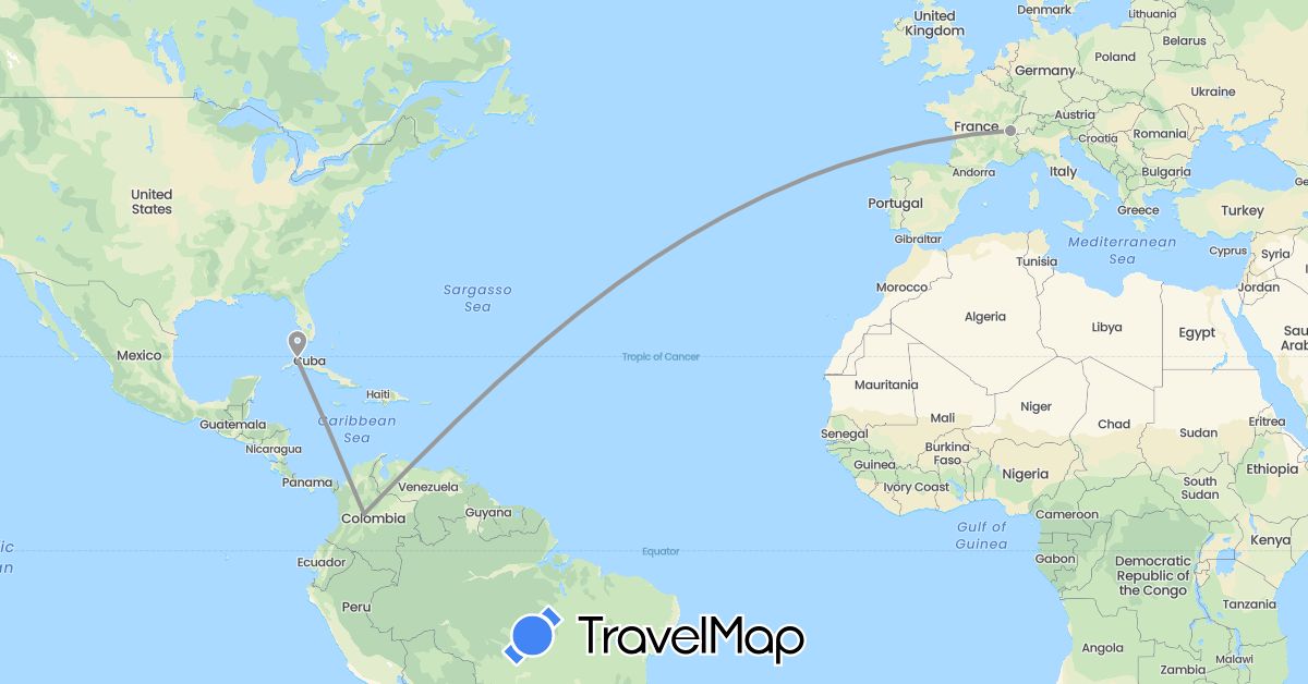 TravelMap itinerary: driving, plane in Switzerland, Colombia, Cuba (Europe, North America, South America)